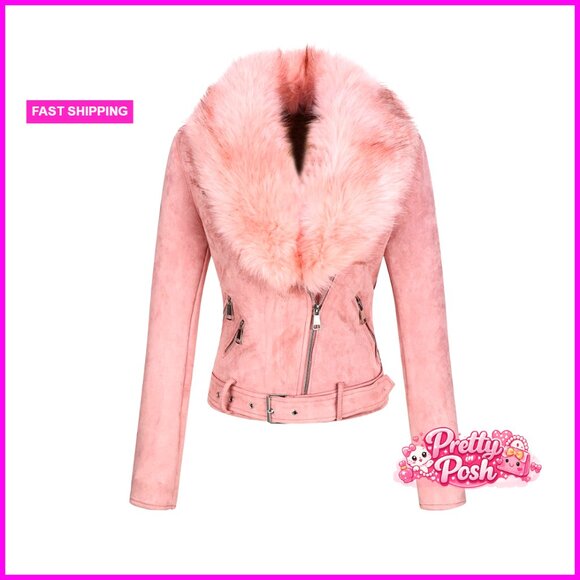 Faux Leather Suede Moto Jacket Sherpa-Lined Overcoat with Removable Belt - Picture 1 of 7